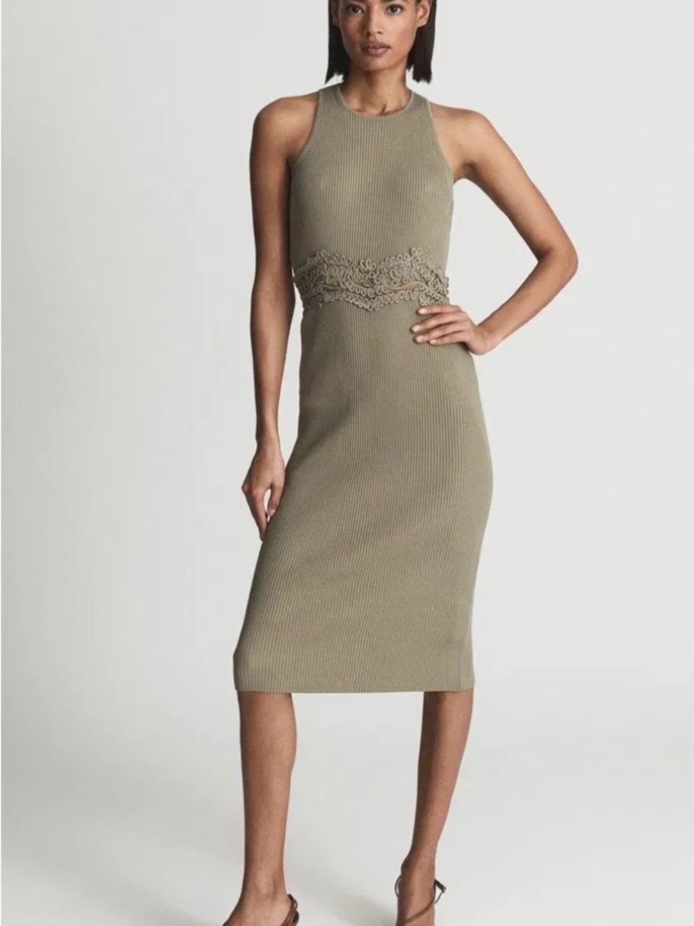 Reiss Olive Ribbed Midi Dress with Lace Waist Detail - Isabella
